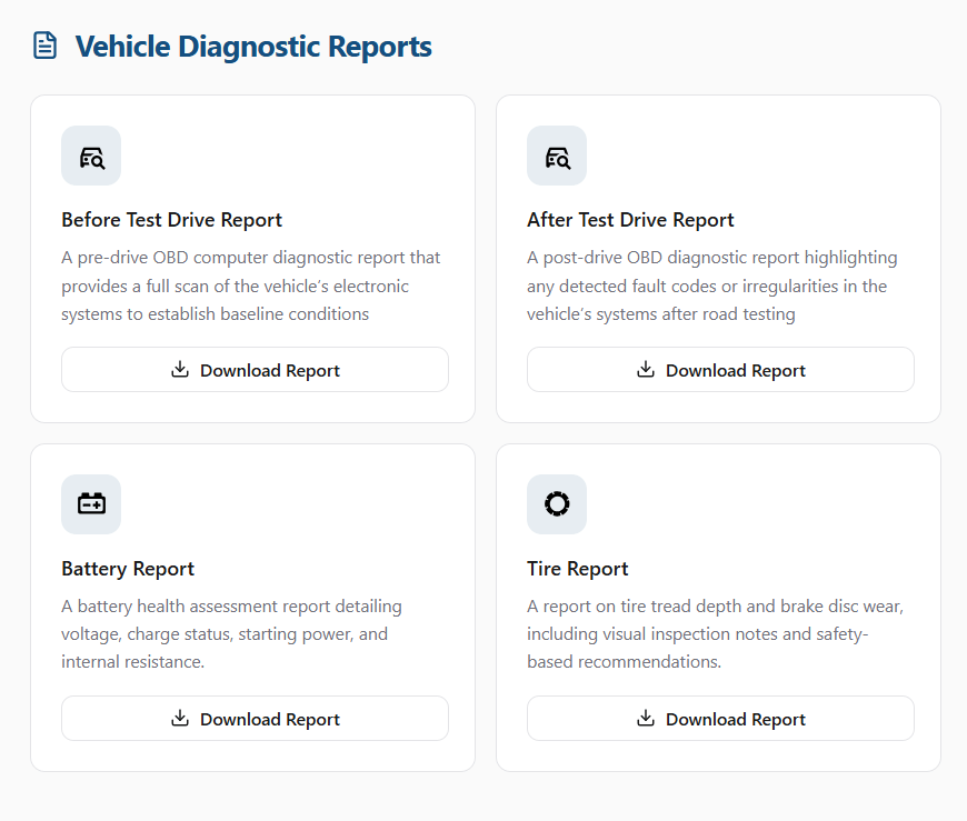 نموذج تقارير تشخيص المركبة بما في ذلك OBD والبطارية والإطارات